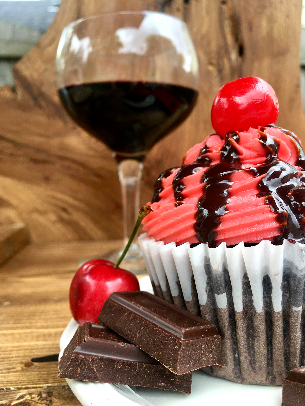 Chocolate & Wine Cherries Jubilee Cupcake